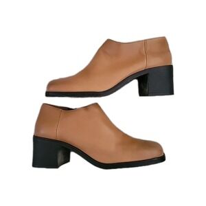 DAMIANS Leather Ankle Boots Tan Block Heel Chunky‎ Heel Shoes Booties Women's